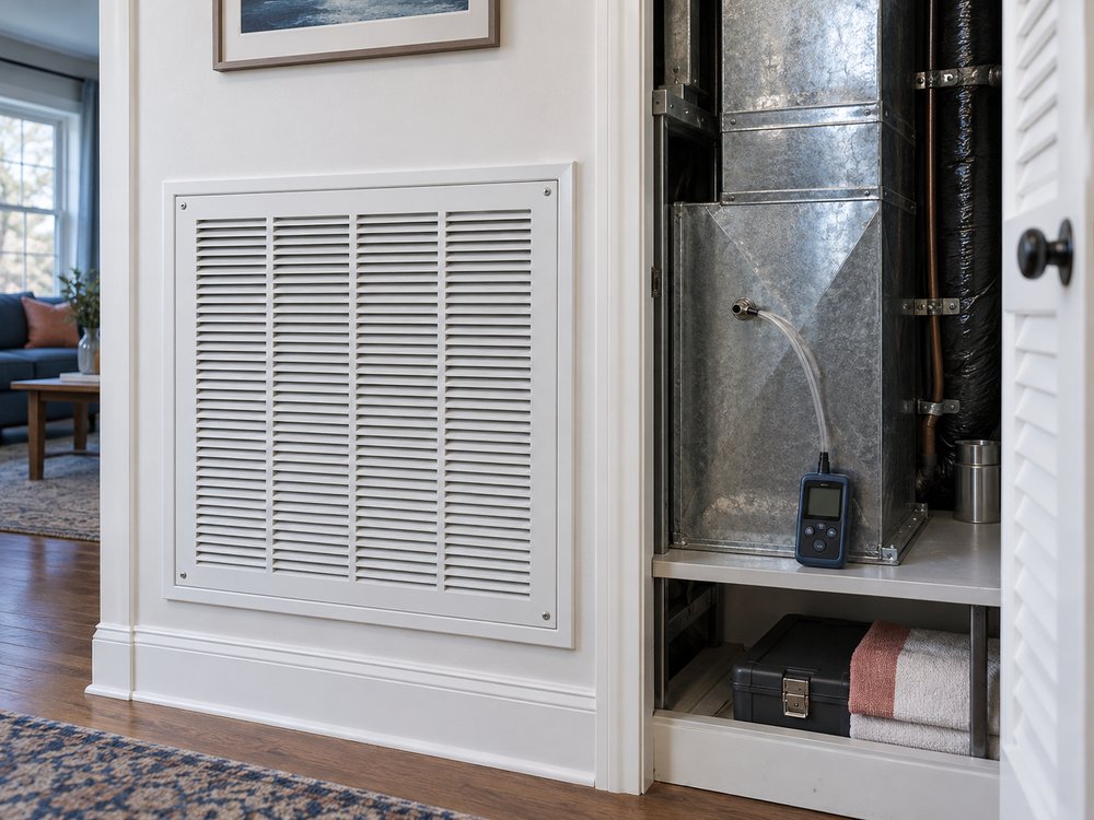 Illustrative HVAC scene: A return-air grille and the duct behind it in a Smithtown house, with a manometer hose taped into the plenum.